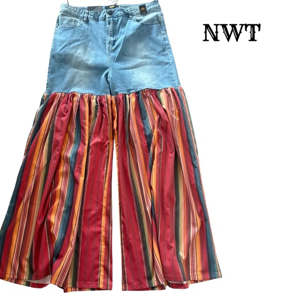 NWT - L & B DISTRESSED Half Denim red multi color Serape Party Pants - Picture 2 of 10